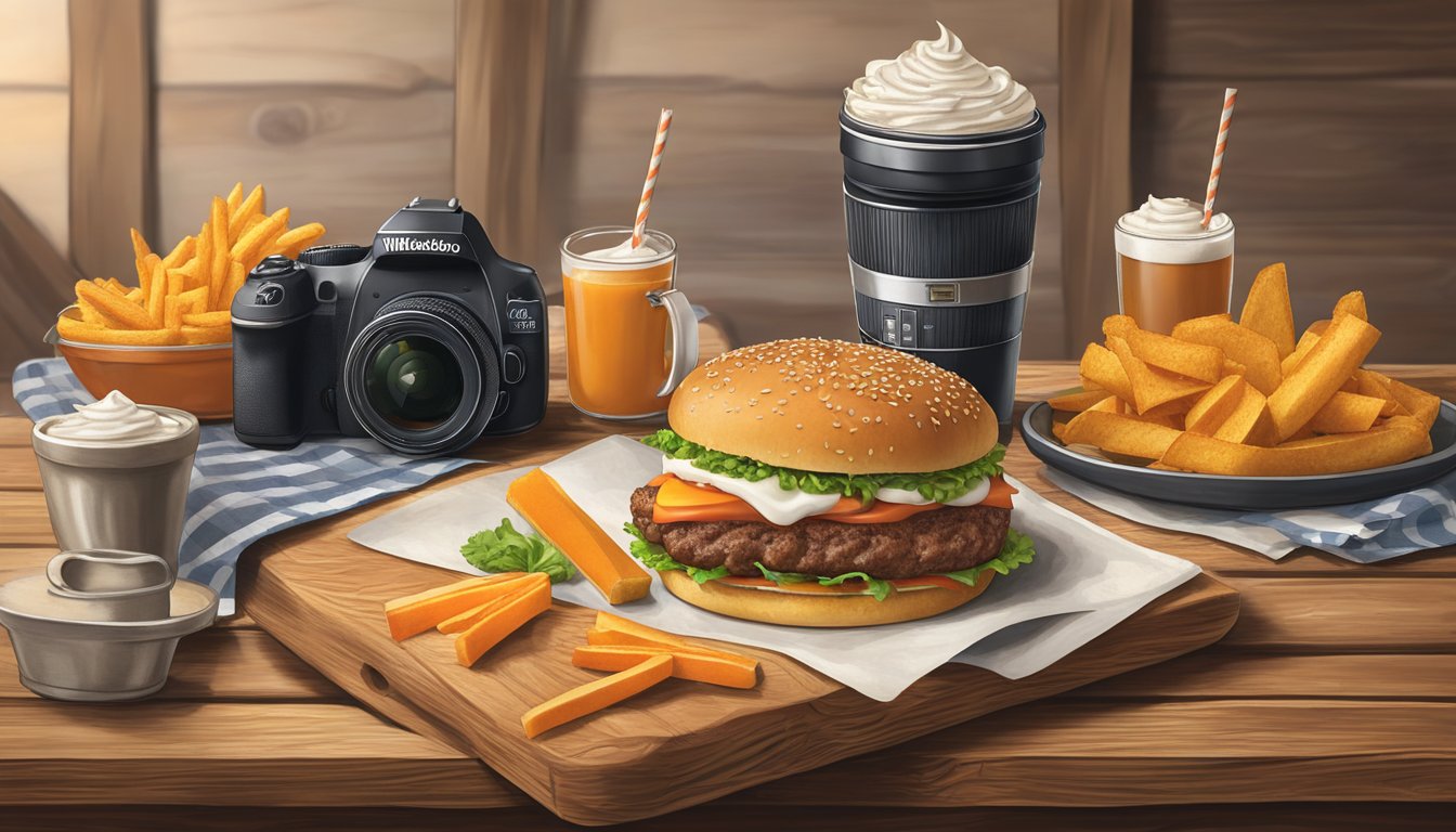 A classic Whataburger meal displayed on a rustic wooden table, surrounded by Texas-themed decor and a camera ready to capture the iconic food