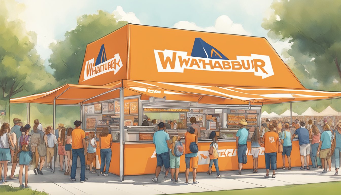 Whataburger food booth at a Texas music festival, surrounded by a lively crowd, with the brand logo prominently displayed