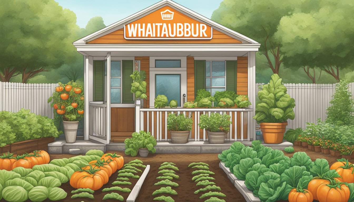 A garden with Whataburger-inspired toppings like tomatoes, lettuce, and onions growing in neat rows, surrounded by gardening tools and a Whataburger sign for inspiration