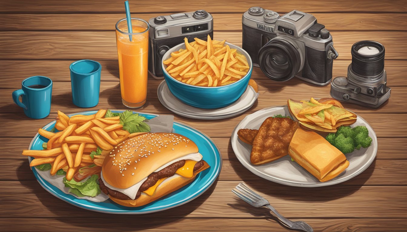 A colorful Whataburger meal arranged on a rustic wooden table with Texas-themed decor, surrounded by vintage cameras and social media icons