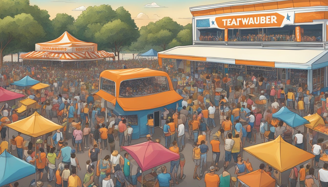 A bustling Texas music festival with Whataburger food stands attracting large crowds and contributing to the local economy