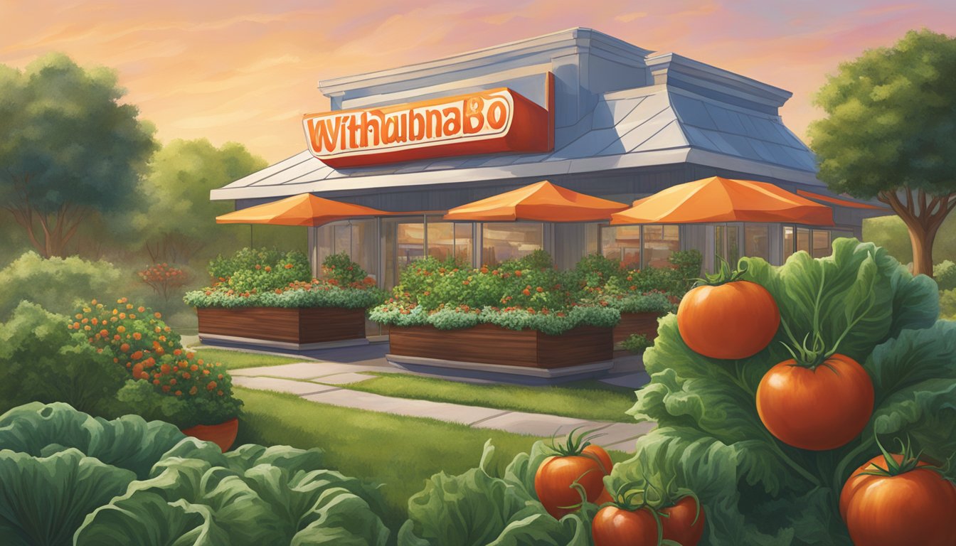 A lush garden with ripe tomatoes, crisp lettuce, and fresh onions growing alongside a towering Whataburger, creating an inviting setting for a burger experience