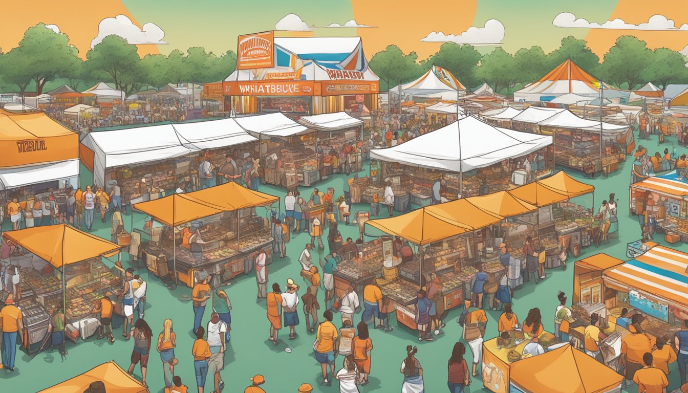 A bustling music festival with food vendors showcasing innovative culinary creations, including Whataburger's unique offerings in the heart of Texas