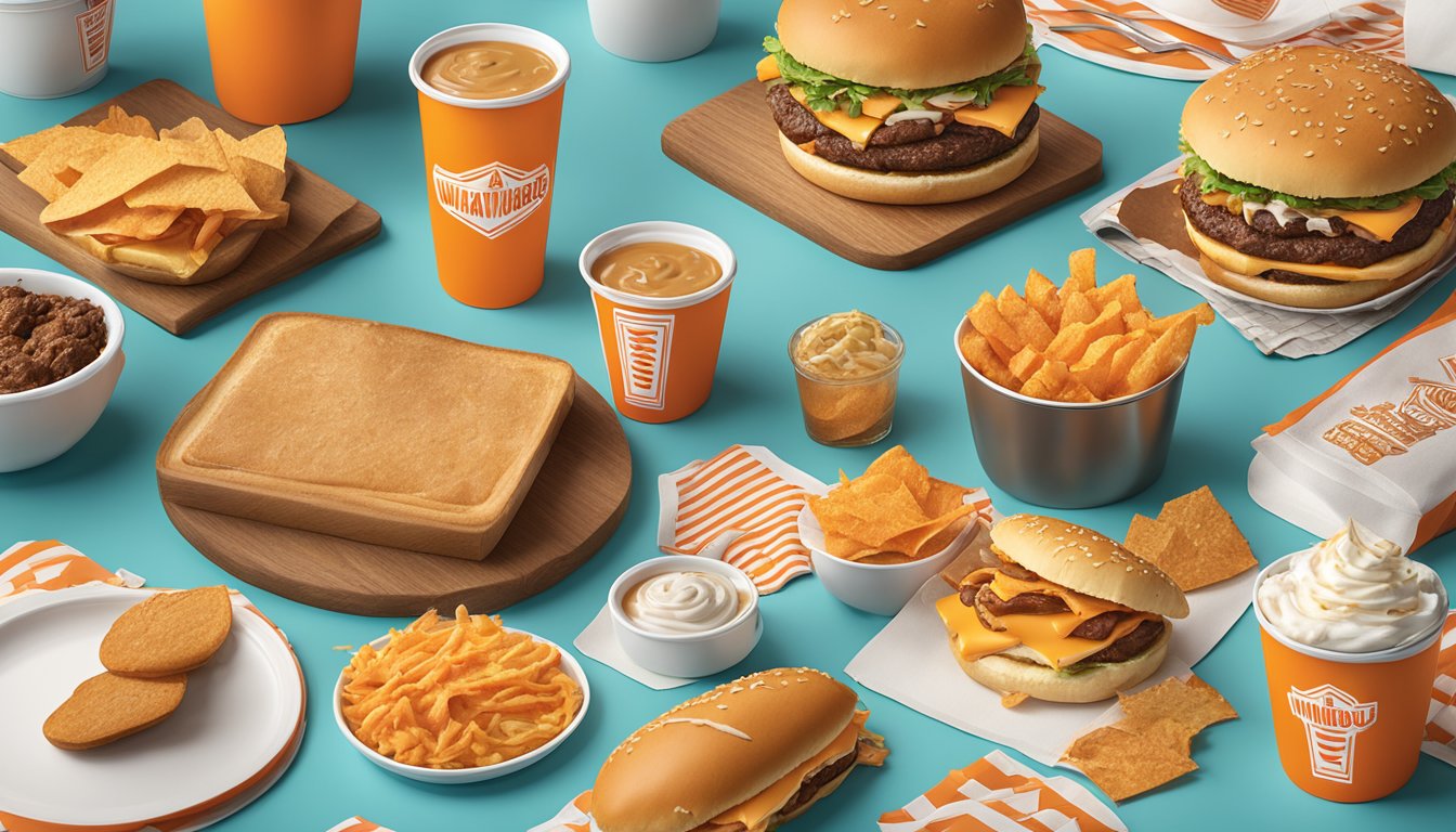 A table spread with iconic Whataburger menu items and branded merchandise, surrounded by Texas-themed decor and props for a food photoshoot