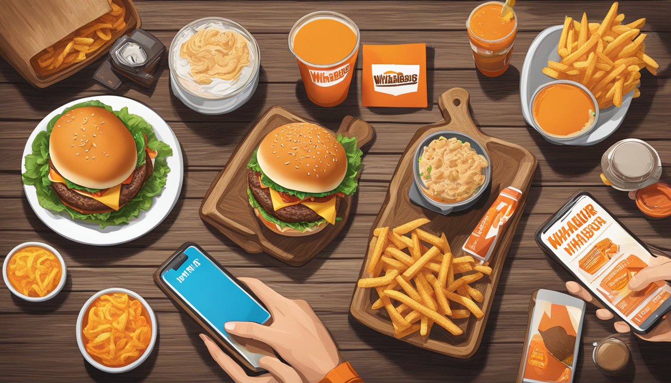 A colorful array of Whataburger menu items arranged on a rustic wooden table, with a camera and smartphone capturing the scene, surrounded by vibrant Texas-themed props