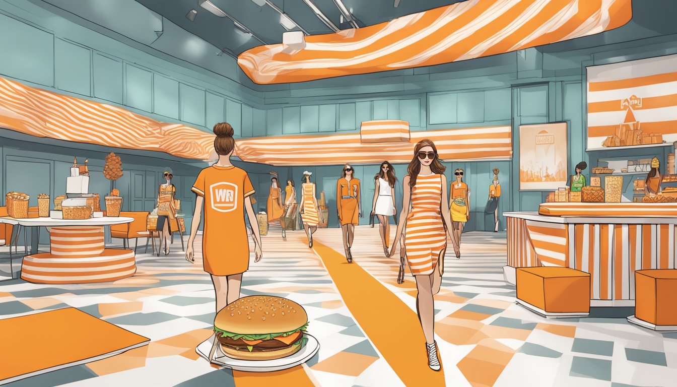 A fashion show runway with Whataburger-themed decor and models showcasing fast food-inspired clothing