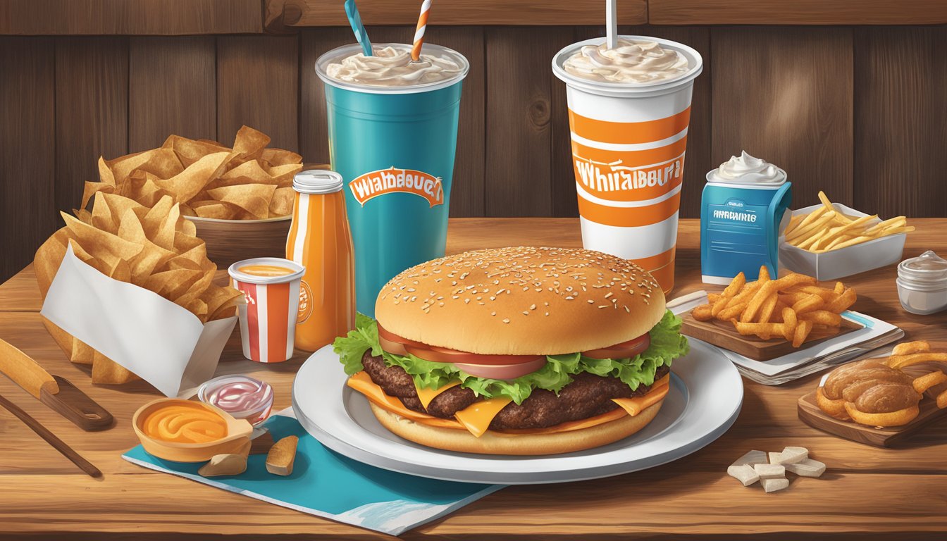 A colorful array of Whataburger menu items arranged on a rustic wooden table, with a camera and various social media icons nearby