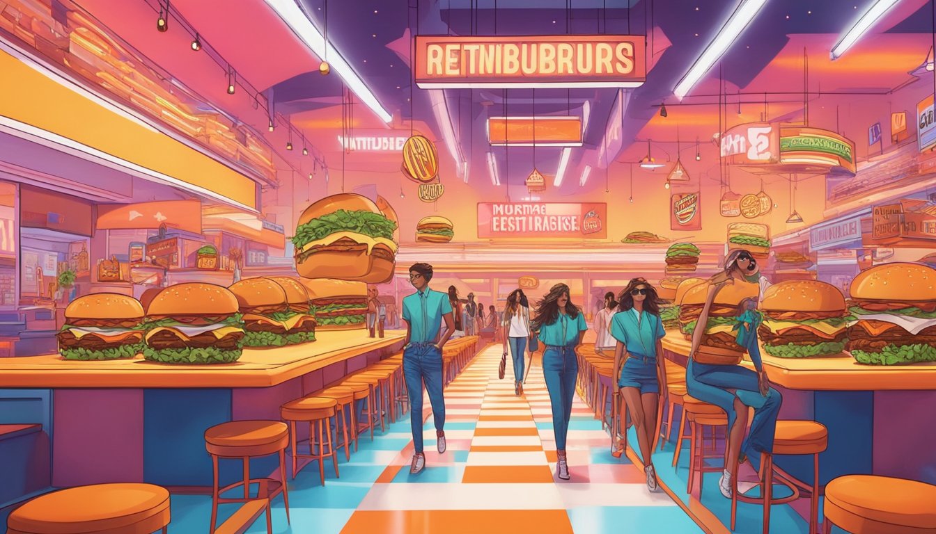 Models strut down a burger-themed runway, showcasing Whataburger-inspired fashion designs amid a backdrop of fast food decor and neon lights