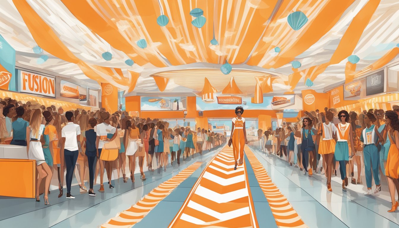 A runway with Whataburger-themed clothing and accessories, models strutting in front of a crowd, showcasing the fusion of fast food and fashion