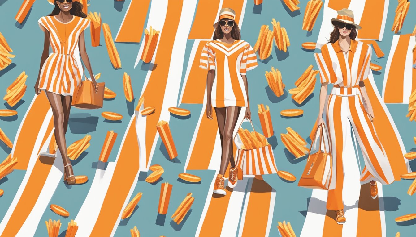 A runway with Whataburger-themed fashion, models strutting in burger and fries-inspired outfits, with a backdrop of the iconic orange and white stripes