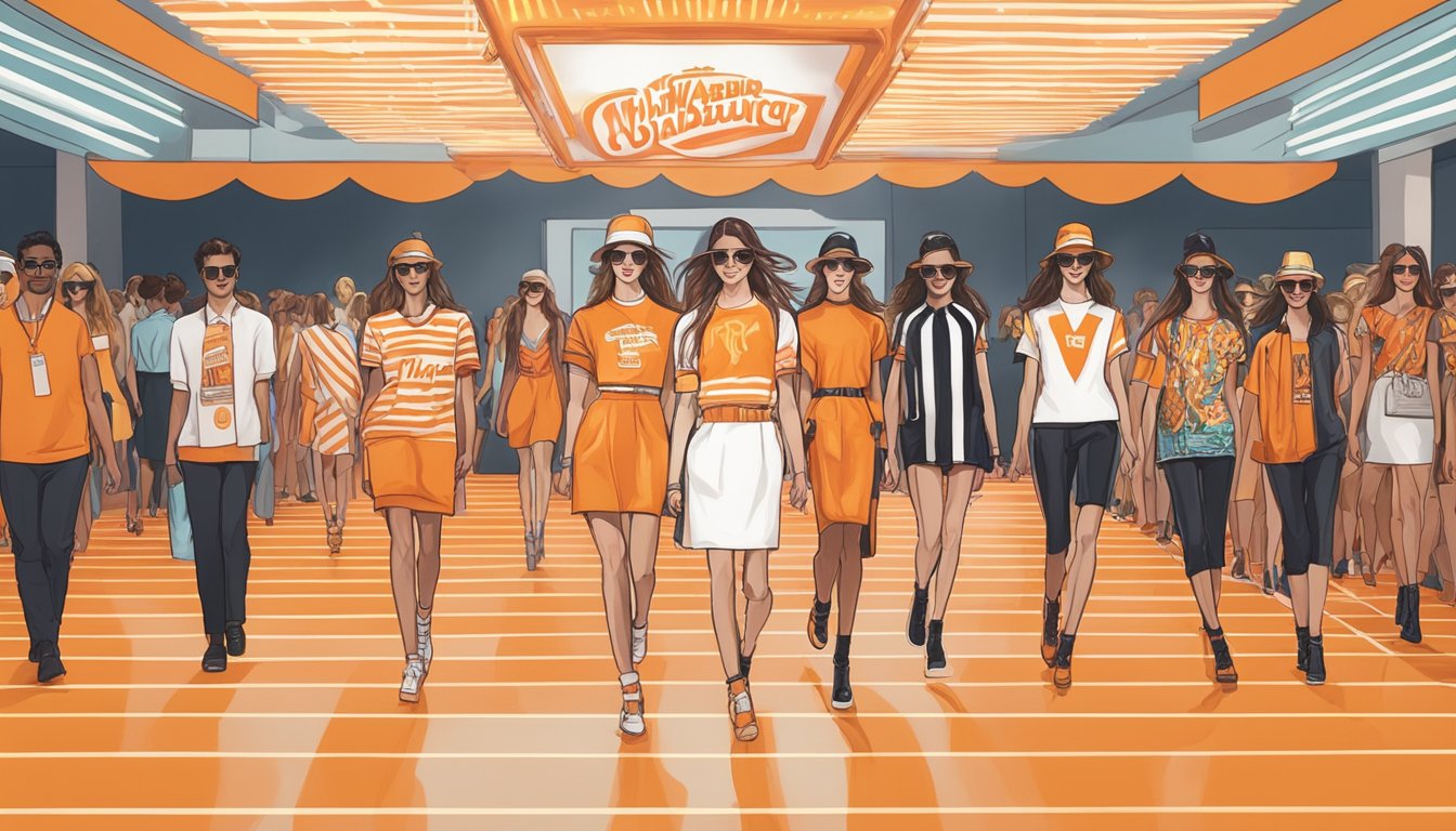 A runway lined with Whataburger-themed fashion designs, with models strutting in fast food-inspired attire under bright lights