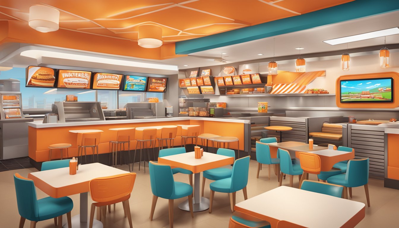 A bustling virtual Whataburger restaurant with colorful decor and gaming elements integrated into the design