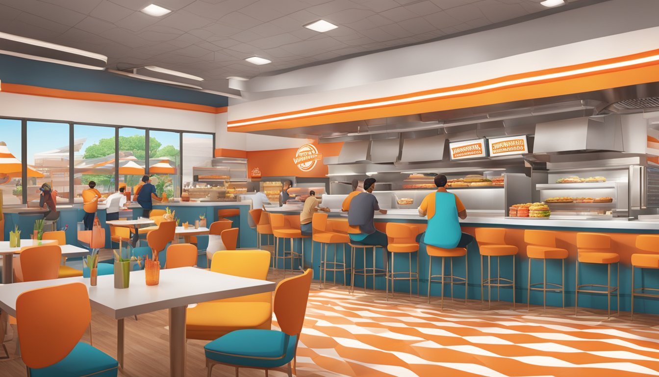 A bustling virtual Whataburger restaurant with colorful decor and a Texas-themed backdrop, featuring a variety of burger management activities