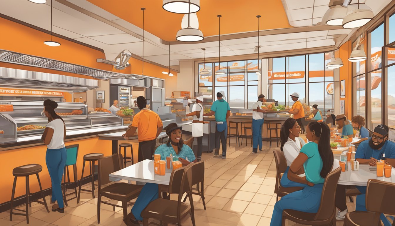 Whataburger's seasonal workforce management: bustling Texas restaurant, staff efficiently serving diverse customers, smooth operations, happy diners