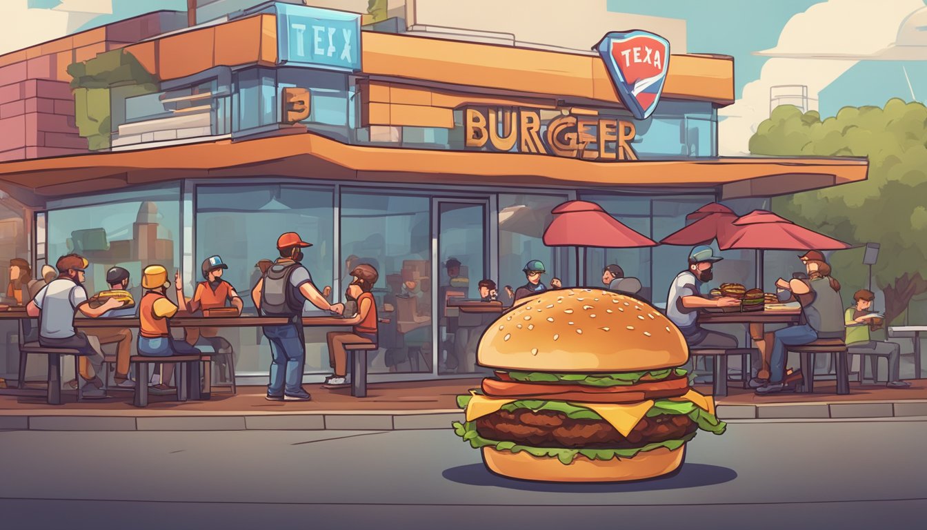 A bustling virtual Texas burger joint with players competing in a bedwars-style game, managing orders and fending off rival burger chains