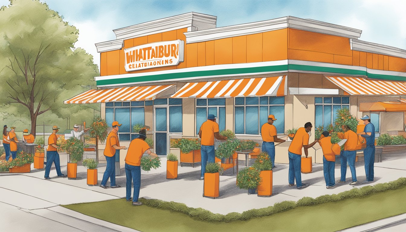 Whataburger employees setting up outdoor seasonal decorations at a Texas location