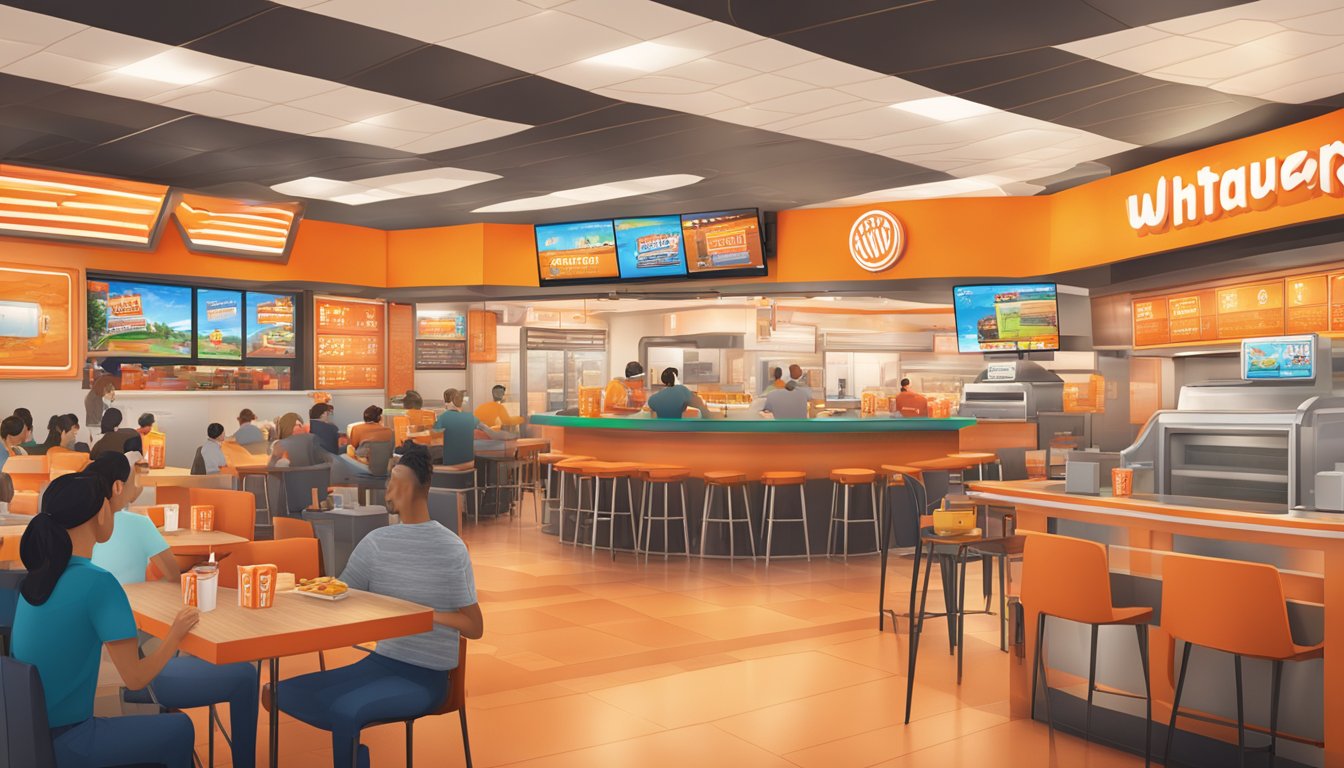 A bustling virtual Whataburger restaurant with a colorful and inviting prize pool display. Customers enjoying the game and interacting with the incentives