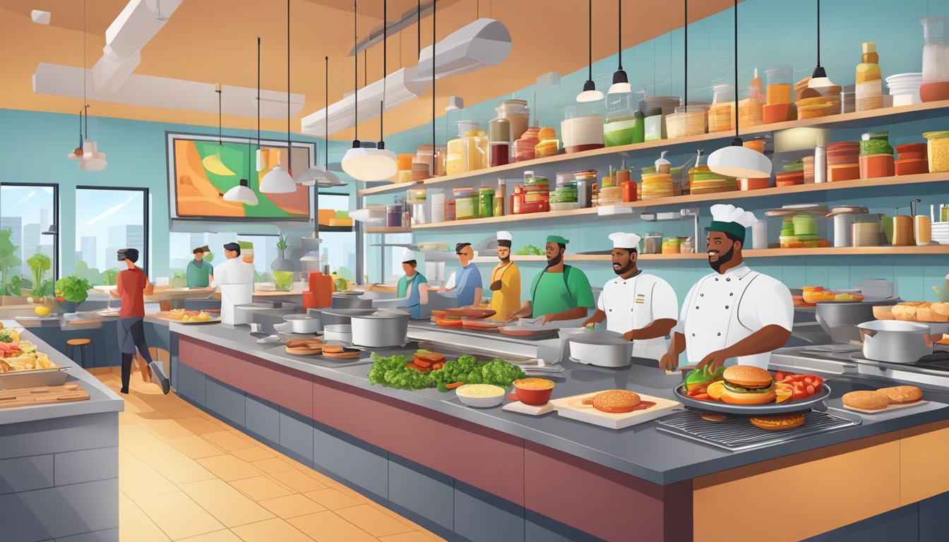 A bustling virtual kitchen with sizzling grills, colorful condiment stations, and a variety of burger ingredients spread out on a counter