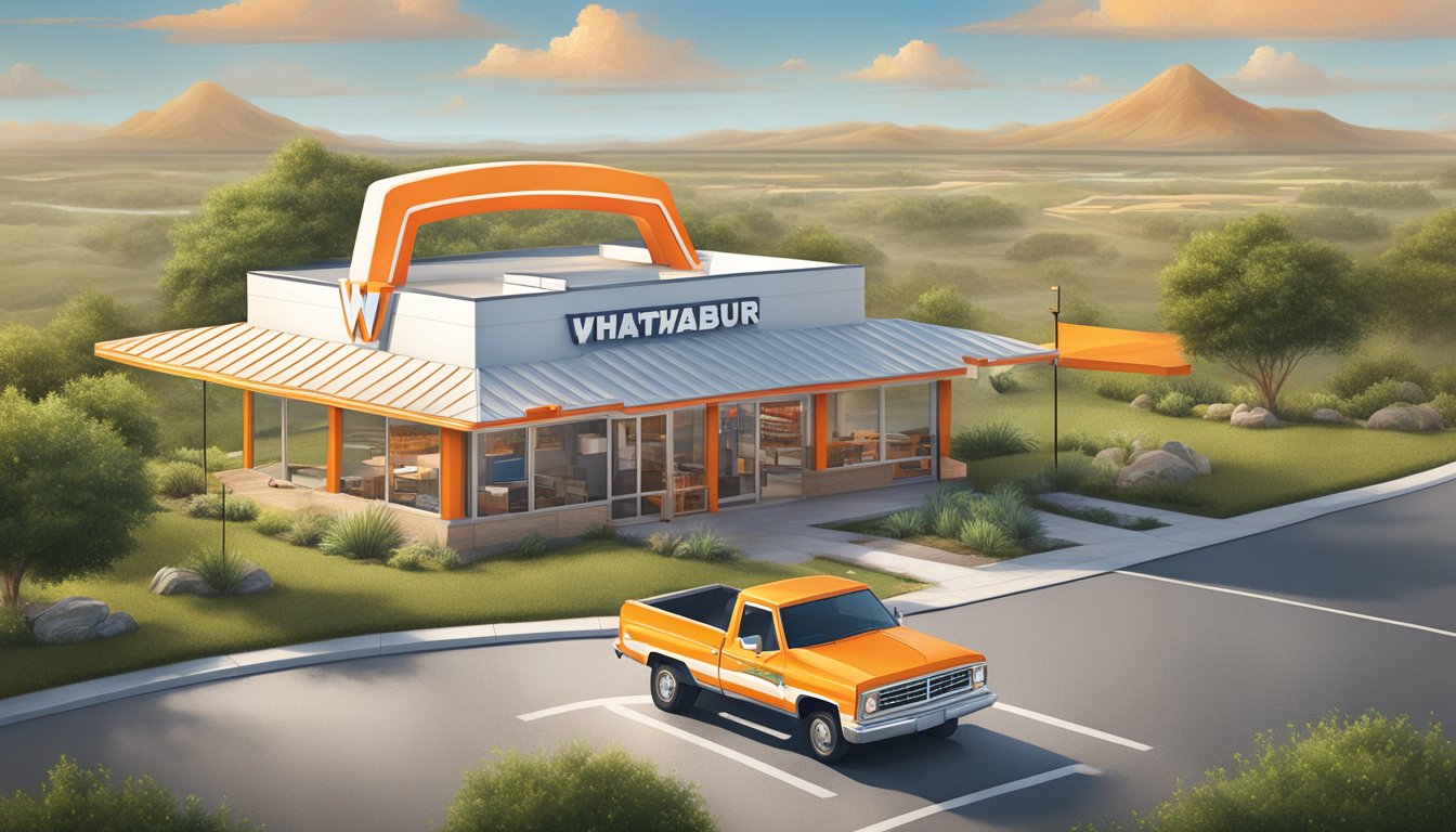 The Whataburger logo surrounded by seasonal Texan landscapes and modern technology