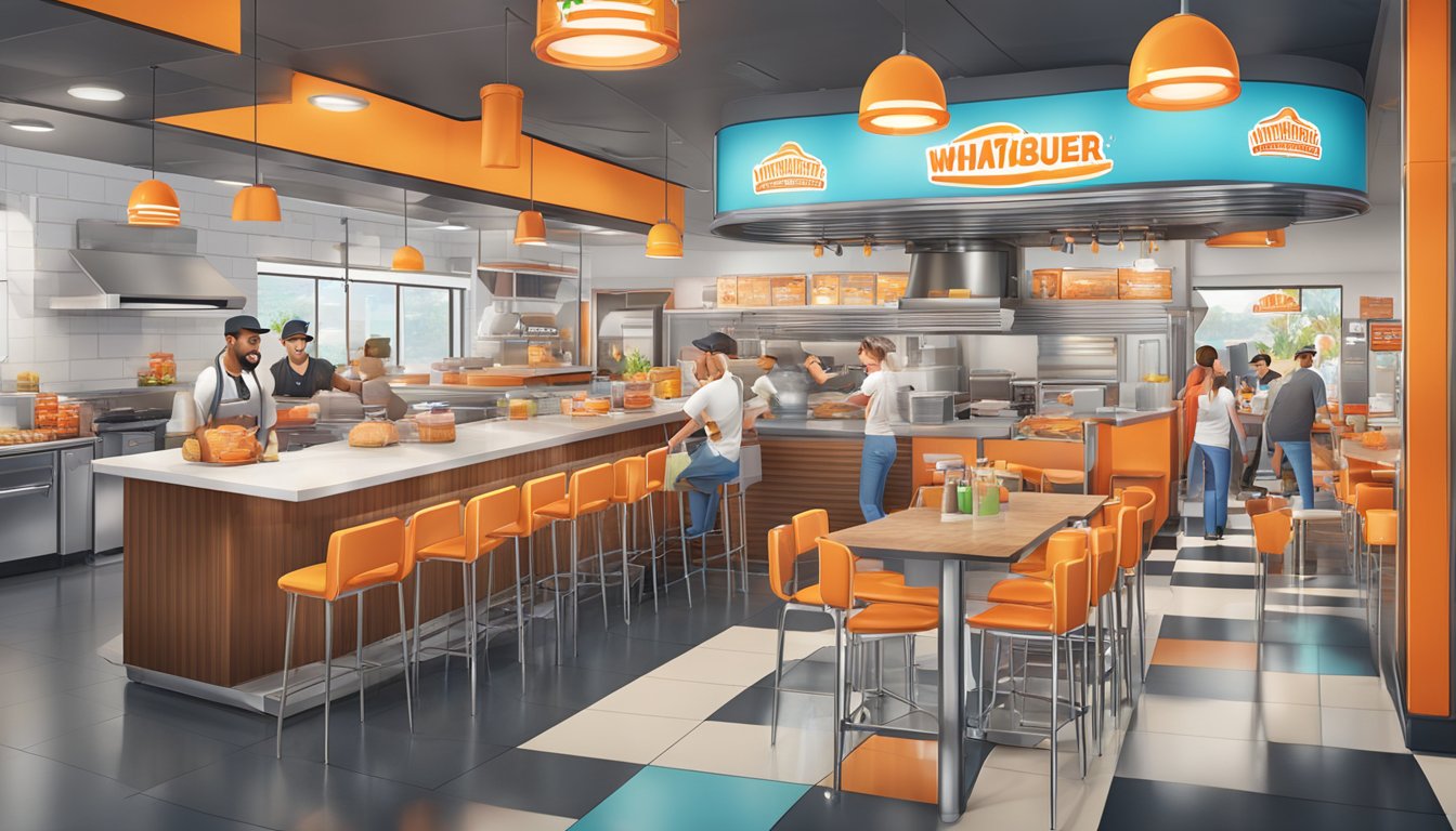 A bustling virtual Whataburger restaurant with colorful characters and interactive burger-making stations