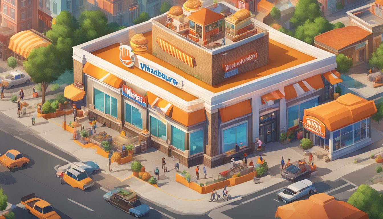 A bustling virtual Texas town with a giant Whataburger sign, colorful burger-shaped buildings, and characters enjoying the Whataburger-inspired video game