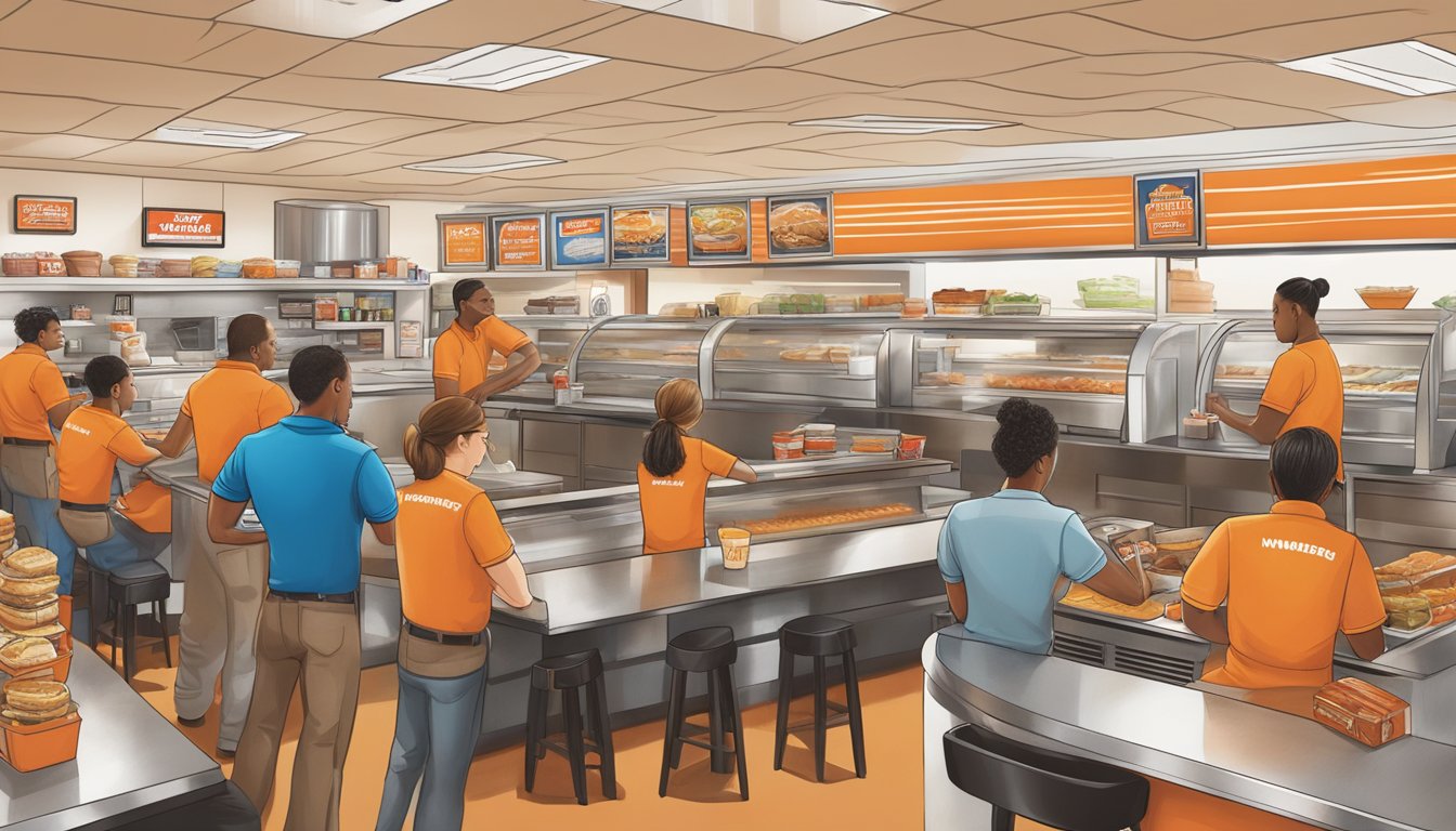 A bustling Whataburger restaurant with a diverse seasonal workforce efficiently managing orders and serving customers in Texas