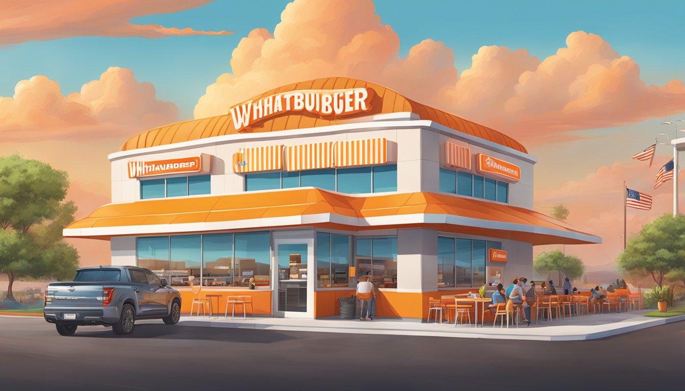 A bustling virtual Whataburger restaurant with a colorful Texas backdrop, filled with customers, staff, and delicious burger ingredients