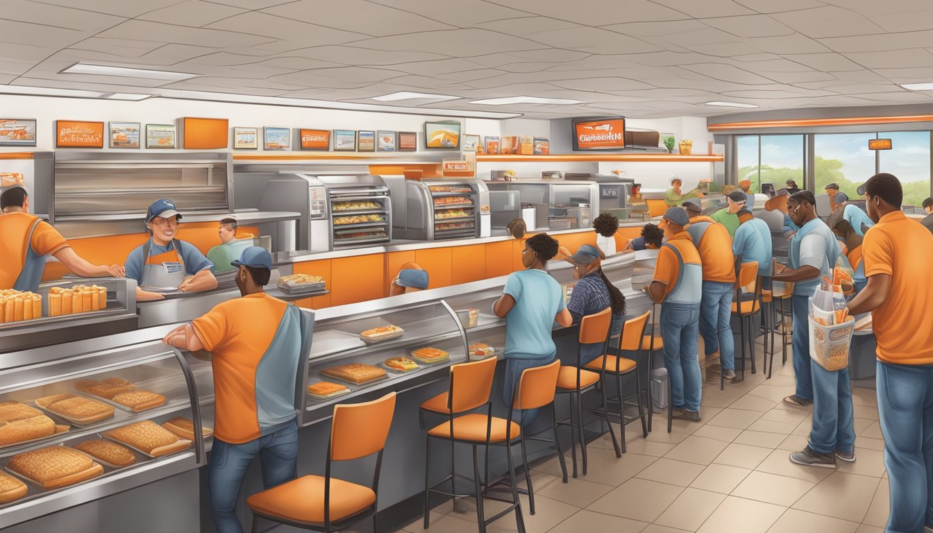 A bustling Whataburger restaurant in Texas, with a mix of seasonal workers and regular employees efficiently managing the busy lunch rush