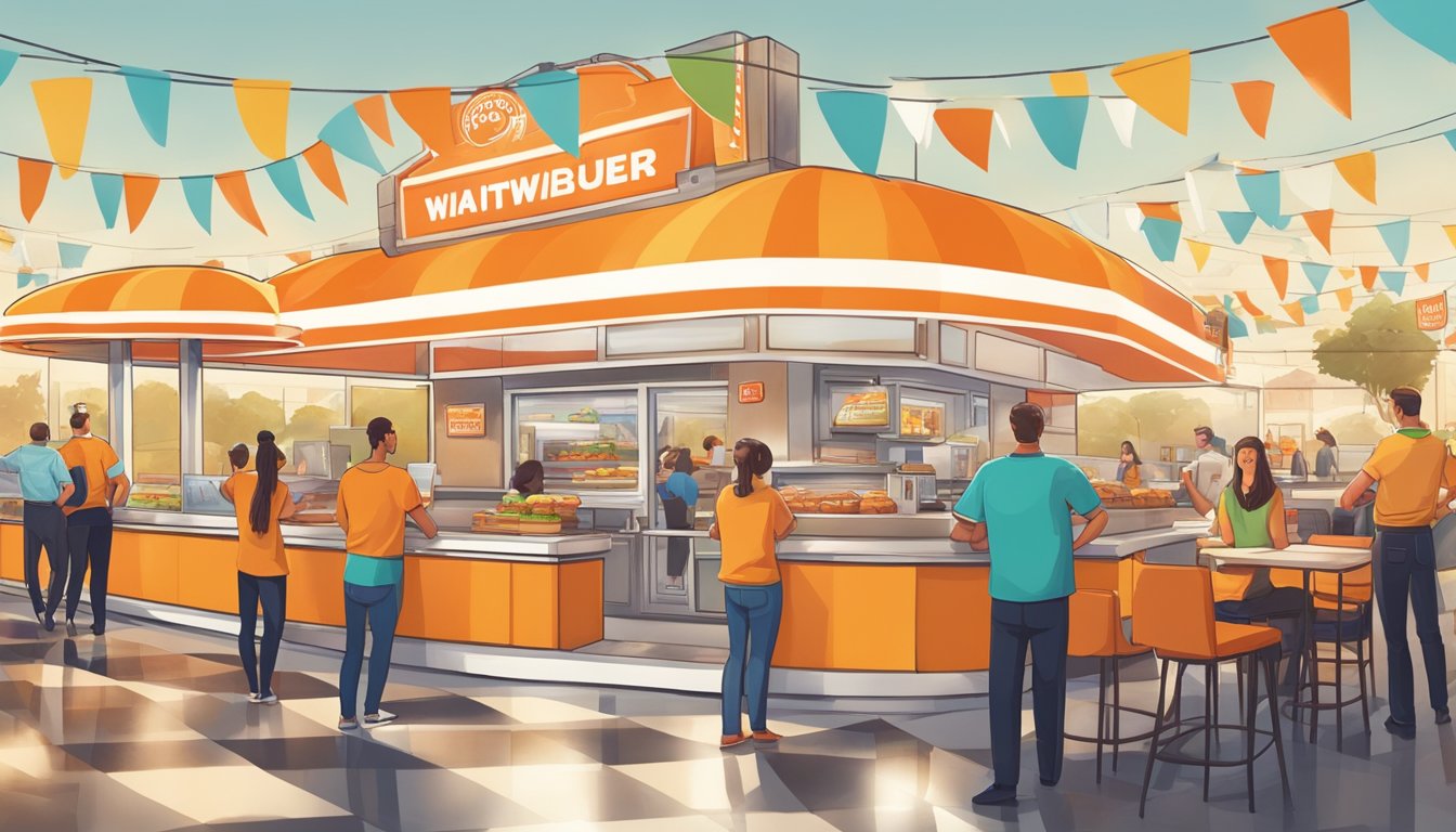 The scene features a virtual Texas landscape with a large Whataburger-inspired burger restaurant, surrounded by happy customers and awards displayed prominently