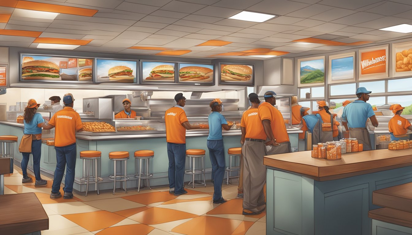 A bustling Whataburger restaurant with a mix of seasonal workers and regular staff working together efficiently in a lively Texas setting