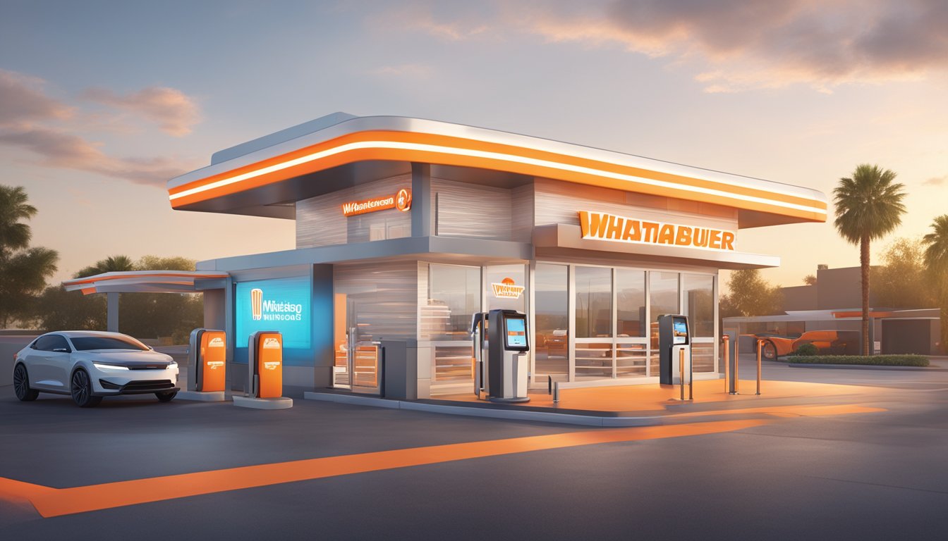 A futuristic drive-thru lane at Whataburger equipped with digital ordering kiosks and contactless pickup stations, surrounded by sleek, modern architecture and advanced technology