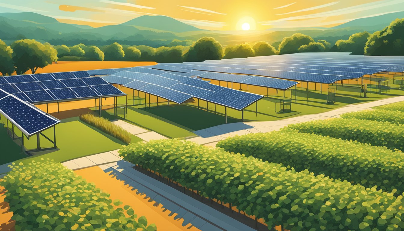 A field of solar panels integrated with crops, with a Whataburger restaurant in the background, under the Texas sun