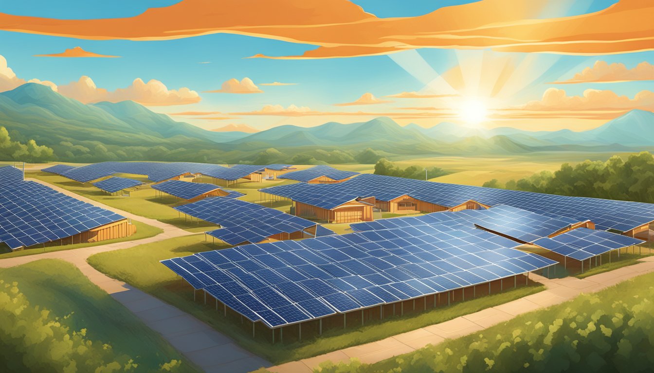 A field of solar panels with the iconic Whataburger logo in the center, surrounded by rolling Texas hills and a bright, sunny sky