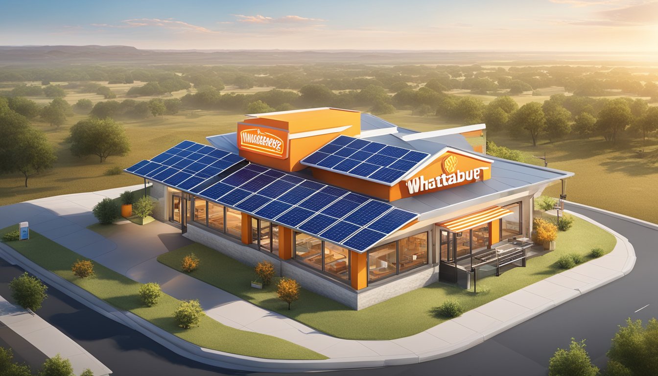 A Whataburger restaurant with solar panels on the roof, surrounded by Texas landscape under a sunny sky