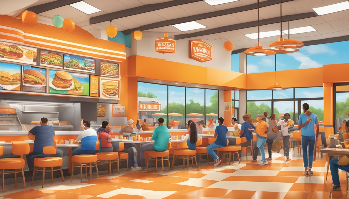 A bustling Whataburger restaurant with colorful decor, customers enjoying their meals, and a prominent game board displayed near the entrance