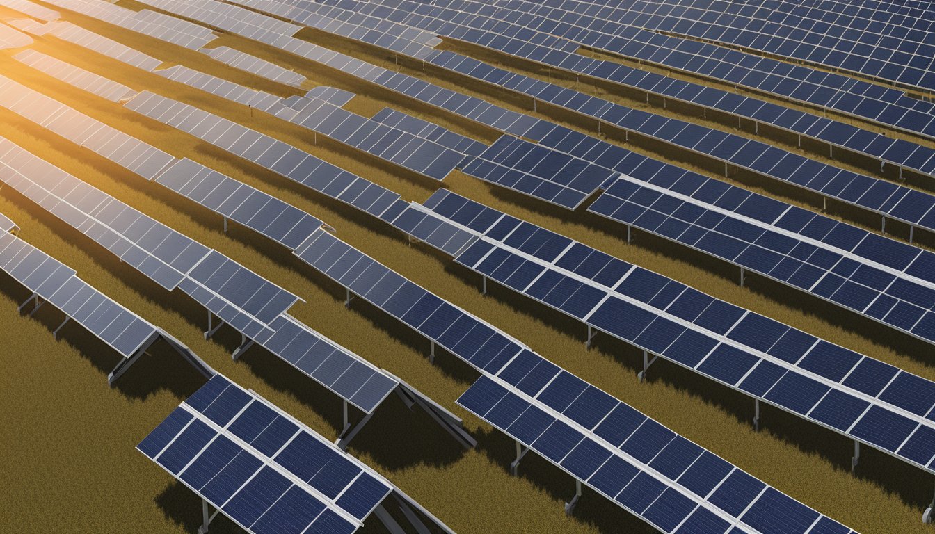 A vast field of solar panels stretching towards the horizon under the bright Texas sun, with the iconic Whataburger logo proudly displayed on each panel