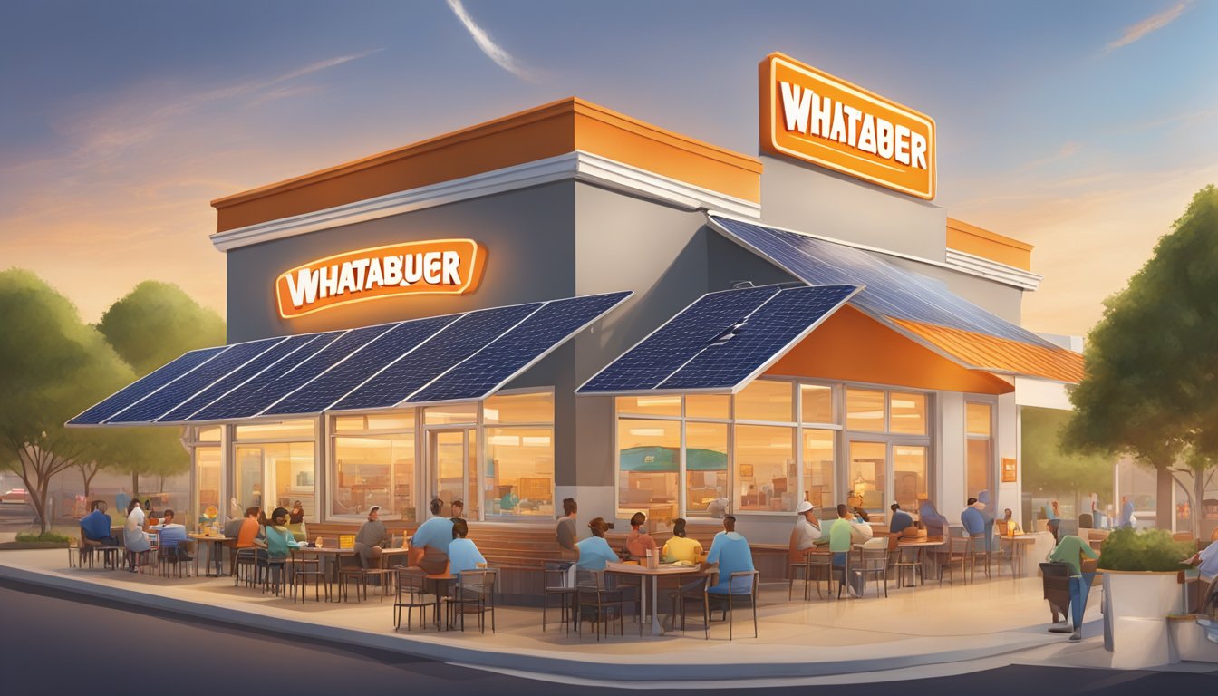 A Whataburger restaurant with solar panels on the roof, surrounded by a bustling Texas town, with people enjoying their meals in the outdoor seating area