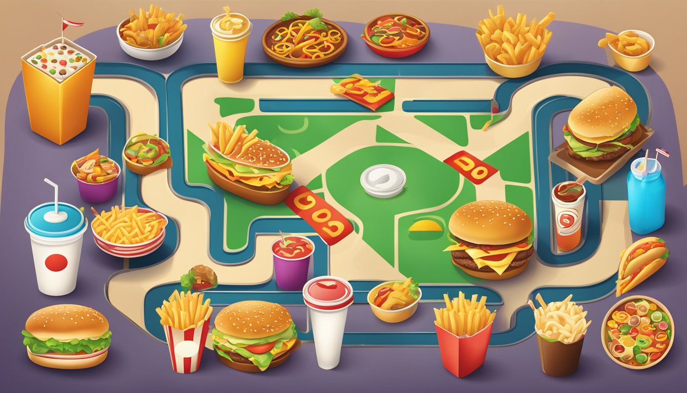 A colorful game board filled with fast food icons and strategic pathways. Players strategize to dominate the fast food market