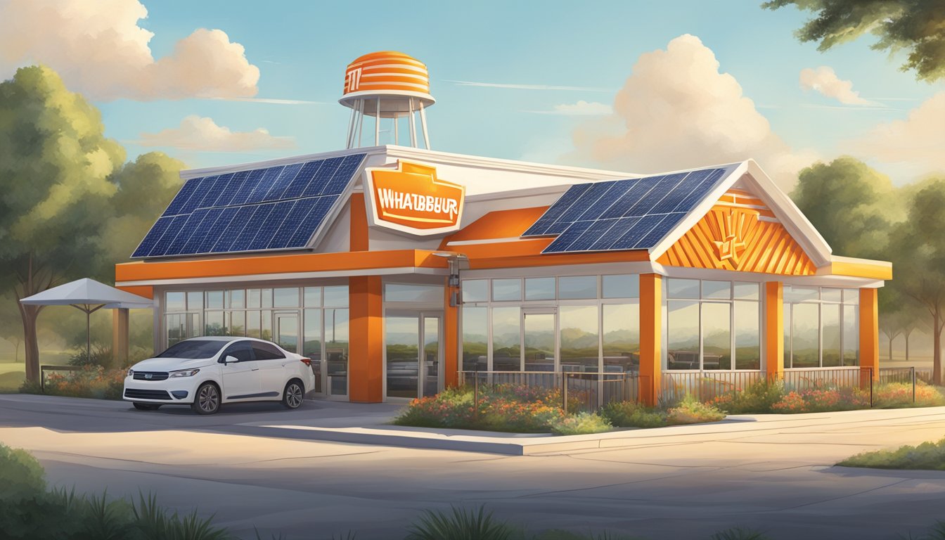 A sunny Texas landscape with a Whataburger restaurant featuring solar panels on the roof, powering the establishment with renewable energy