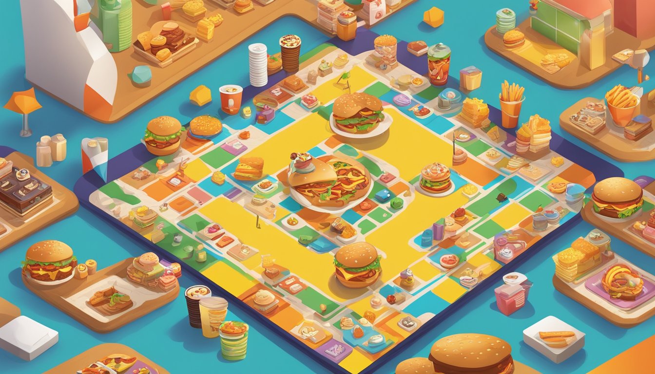 A colorful game board with fast food-themed spaces, dice, and player pieces surrounded by enthusiastic players strategizing