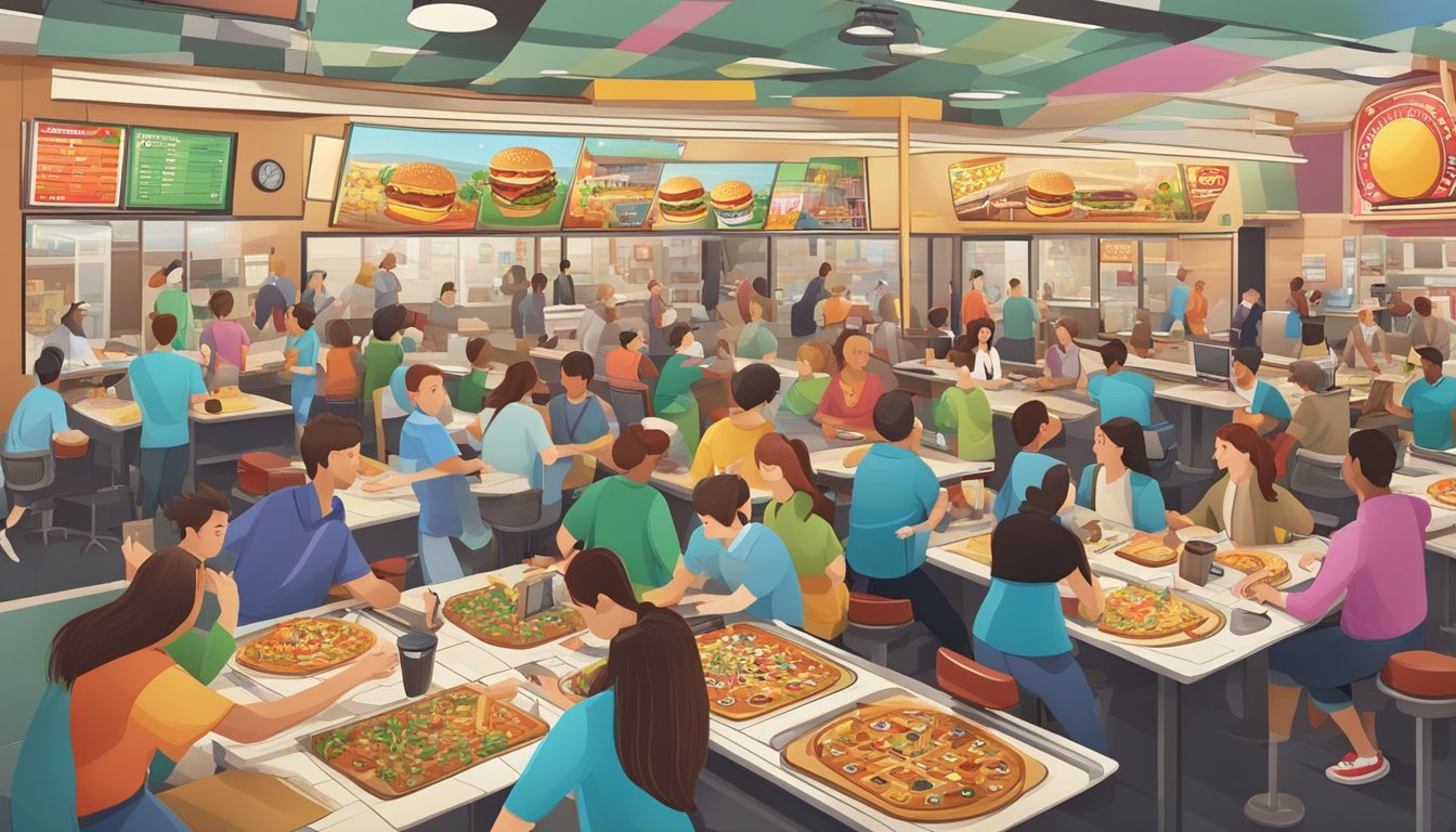 A bustling fast food restaurant filled with customers, employees running around, and a competitive game board at the center of the chaos