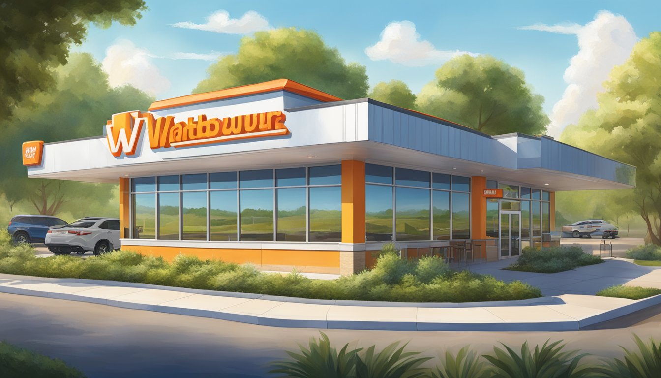 A sunny Texas landscape with a Whataburger restaurant featuring solar panels on the roof, surrounded by greenery and clear blue skies