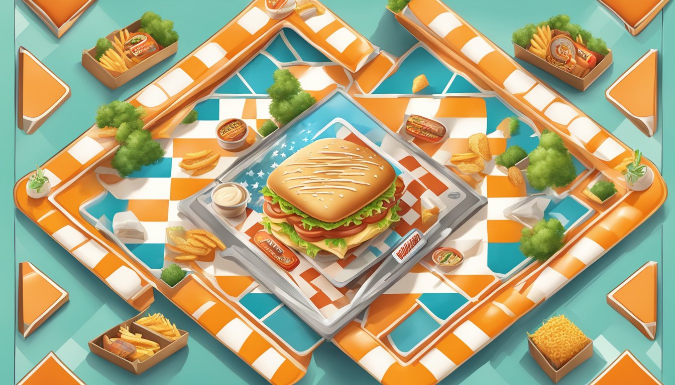 A colorful game board with a fast food theme, featuring Whataburger branding and various strategic elements