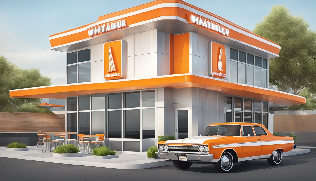 A modern Whataburger restaurant with a sleek, updated exterior and interior, while still incorporating nostalgic elements such as the iconic orange and white color scheme and the classic A-frame roof design