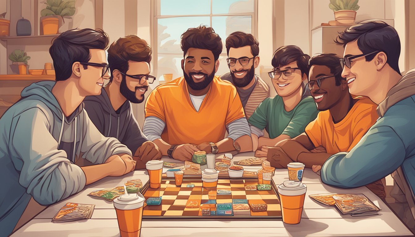 A group of friends gather around a table, competing in a board game featuring Whataburger-themed pieces and fast food strategy