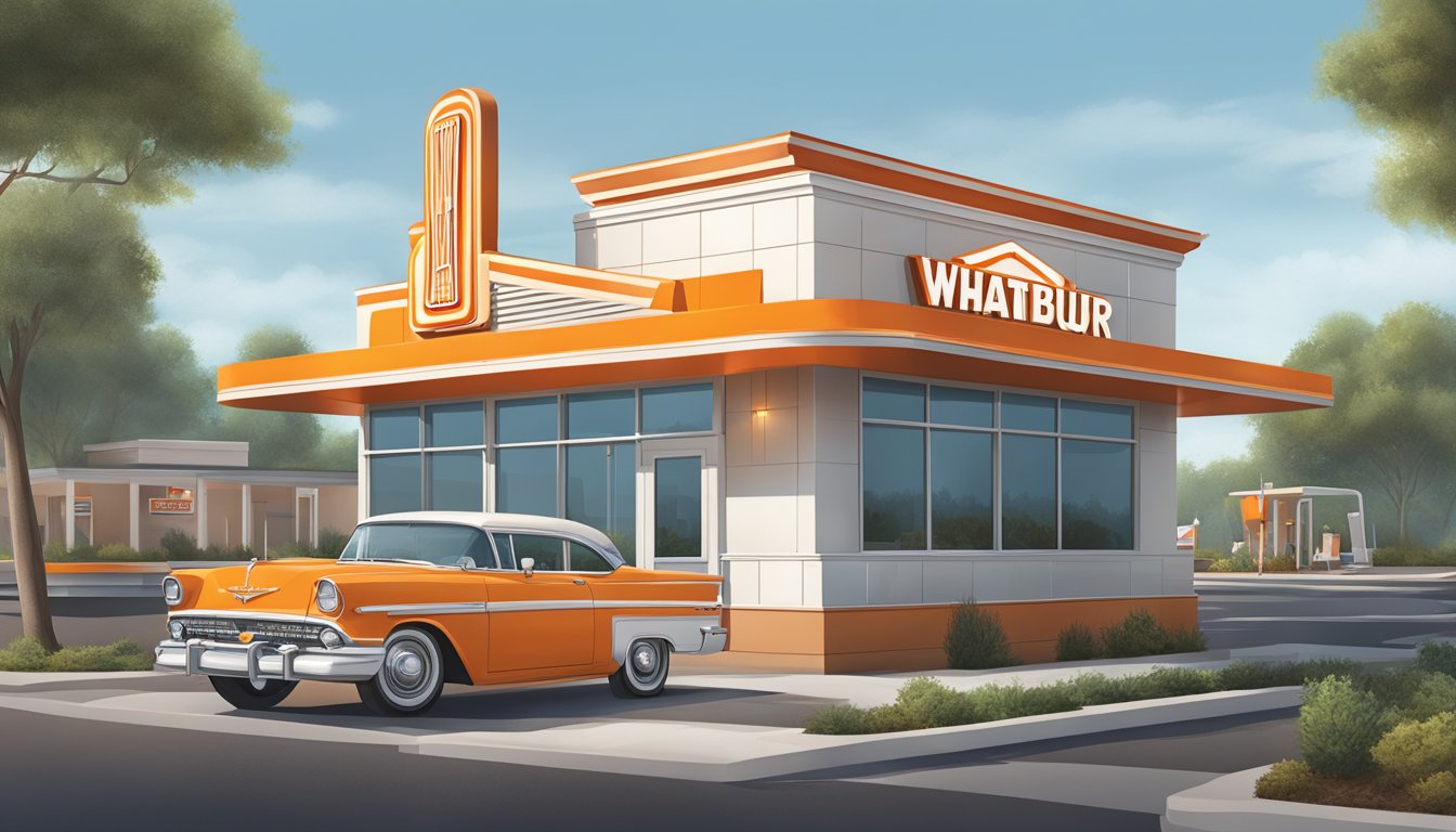 A classic Whataburger restaurant with a modern twist, featuring retro signage and architecture alongside sleek, contemporary design elements