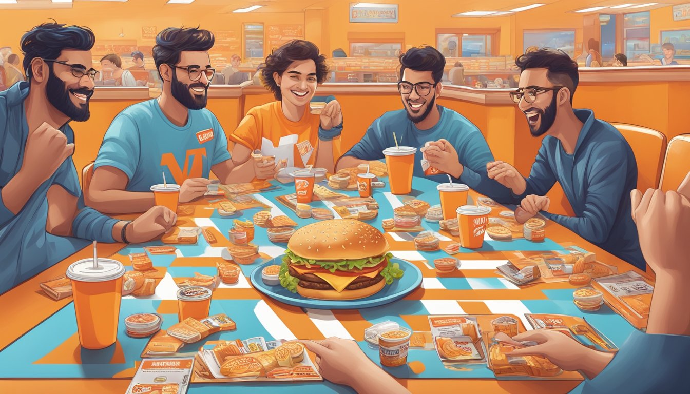 A group of people enthusiastically playing a board game with a fast food theme, surrounded by Whataburger branding and packaging