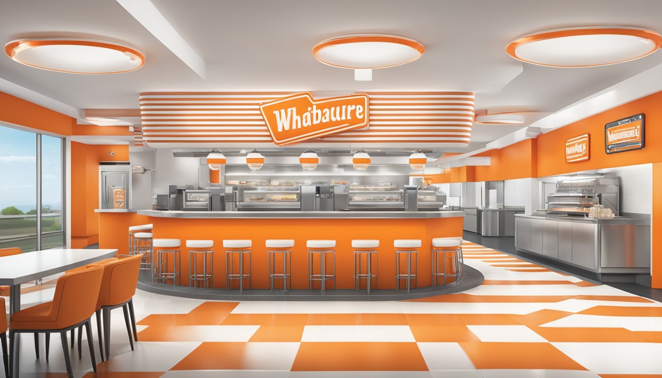 A modern Whataburger restaurant with a balance of nostalgic elements and contemporary design, featuring the iconic orange and white color scheme, retro signage, and sleek, updated interior furnishings