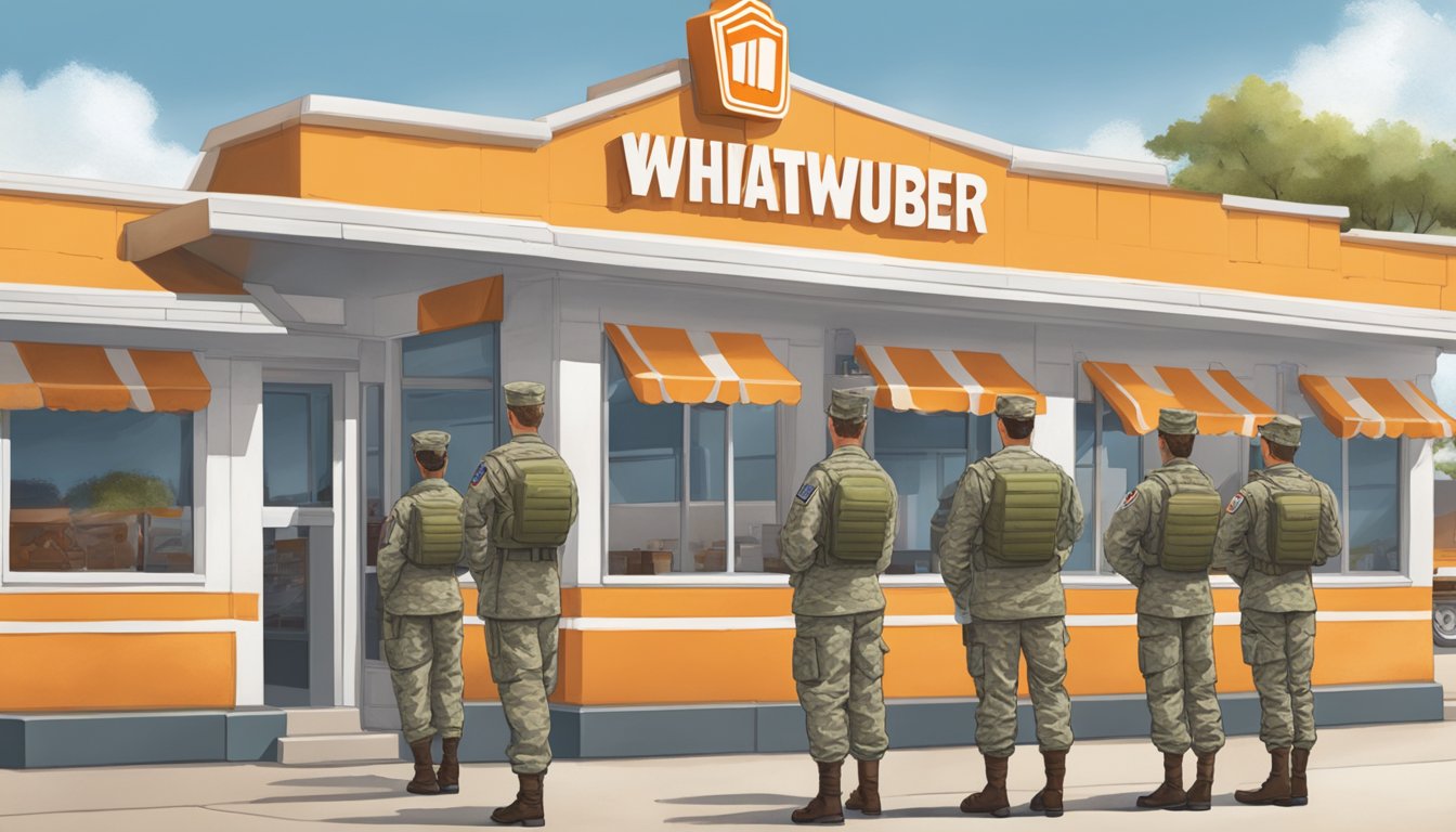 A Whataburger restaurant on a Texas military base, with soldiers in uniform lining up to order food