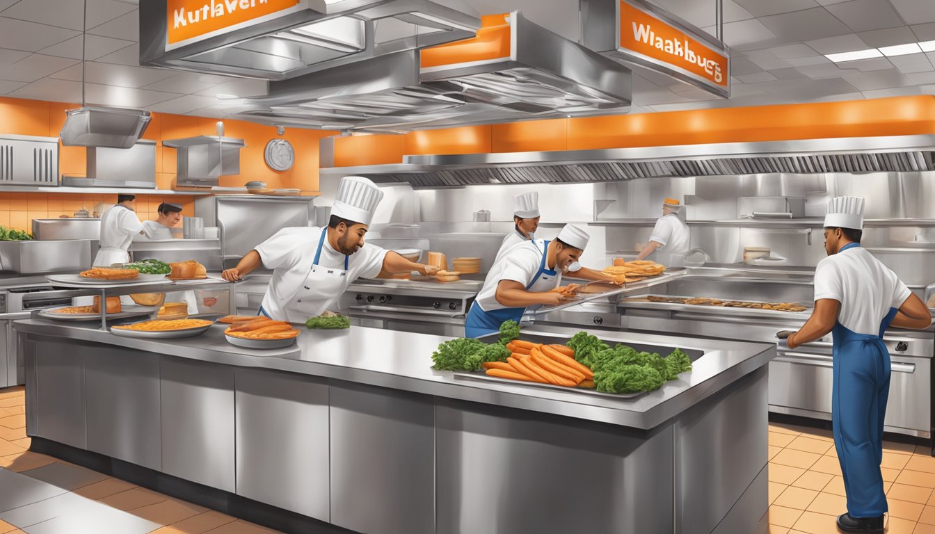 A bustling Texas kitchen with chefs preserving fresh ingredients using traditional and innovative techniques, while a Whataburger sign stands proudly in the background